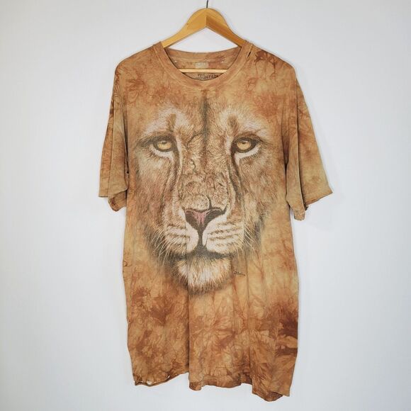 THE MOUNTAIN Big Lion Print T-Shirt Size XL Distressed Long Tie Dye Neutral - Picture 1 of 7